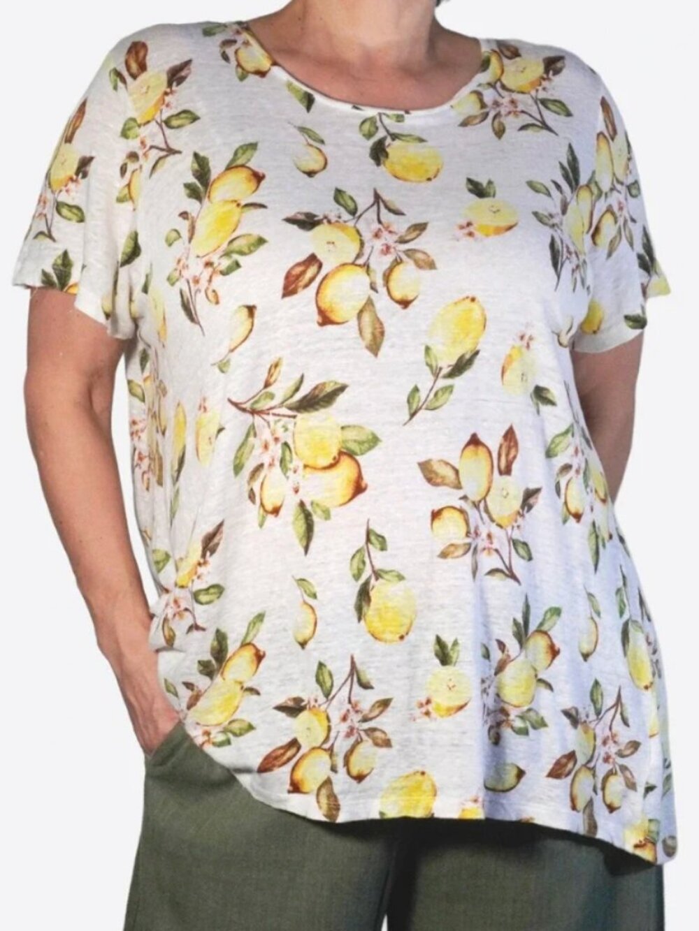 Cynthia Rowley Women's Plus Size 1X Button Back T-Shirt White Yellow Lemon Print